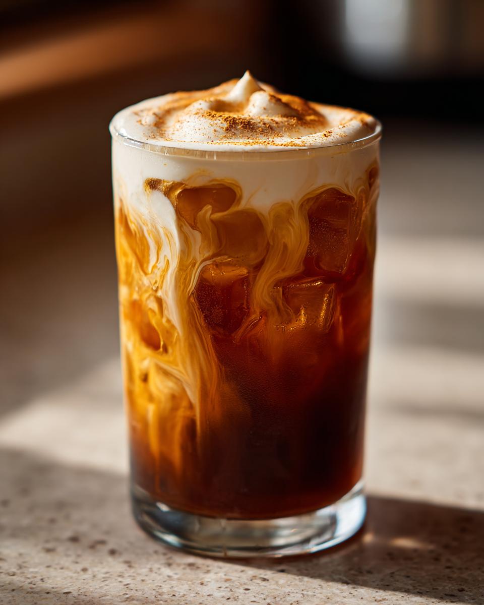Iced cold brew coffee with pumpkin cream topping in a glass
