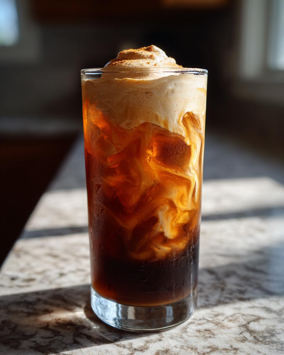 Clear glass filled with homemade pumpkin cream cold brew coffee topped with whipped pumpkin cream.