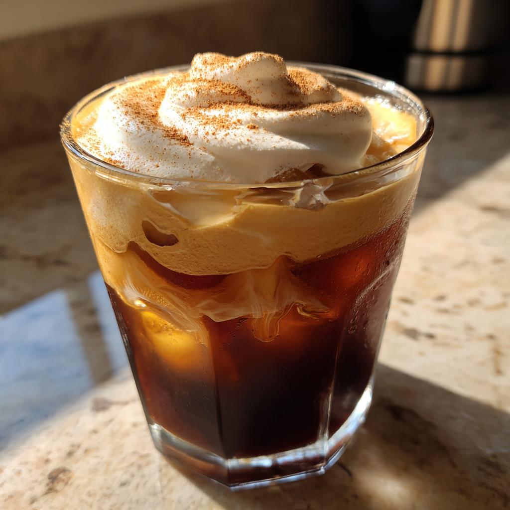 Glass of homemade pumpkin cream cold brew coffee topped with whipped cream and cinnamon