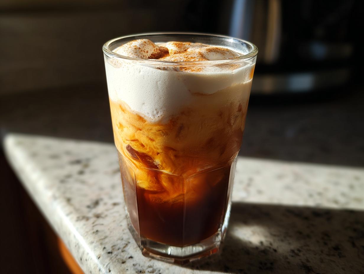 Glass of homemade pumpkin cream cold brew coffee with frothy pumpkin cream and cinnamon