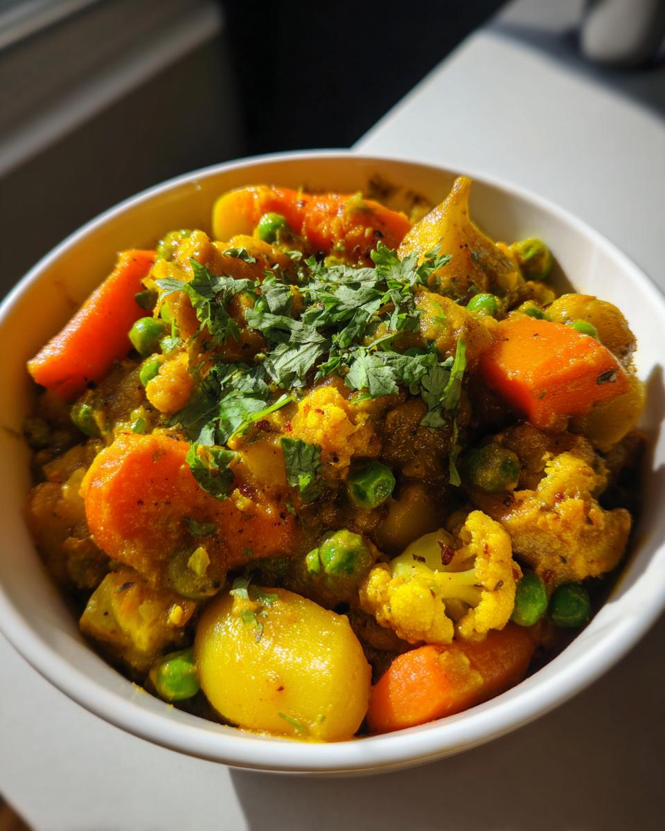 Bowl of vibrant vegetable korma with carrots, peas, cauliflower, and garnished with cilantro
