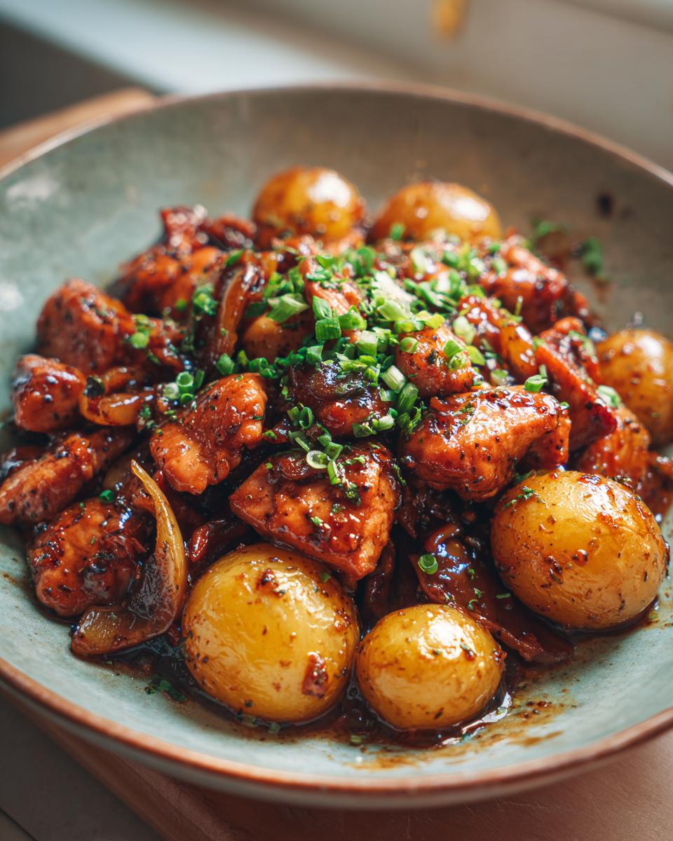 Honey garlic chicken potatoes with green garnish served in a bowl.