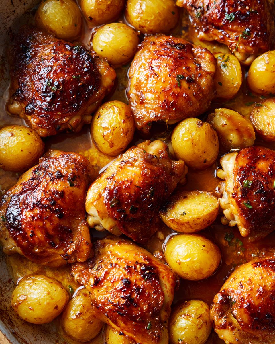 Golden brown honey garlic chicken thighs with roasted baby potatoes in sauce