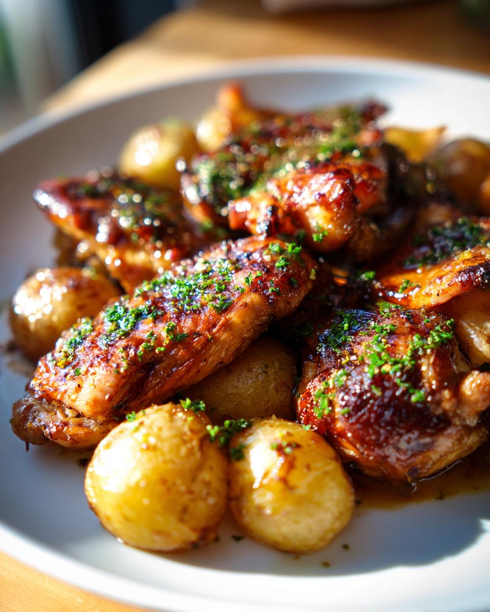Plate of honey garlic chicken potatoes glazed with sauce and sprinkled with green herbs.