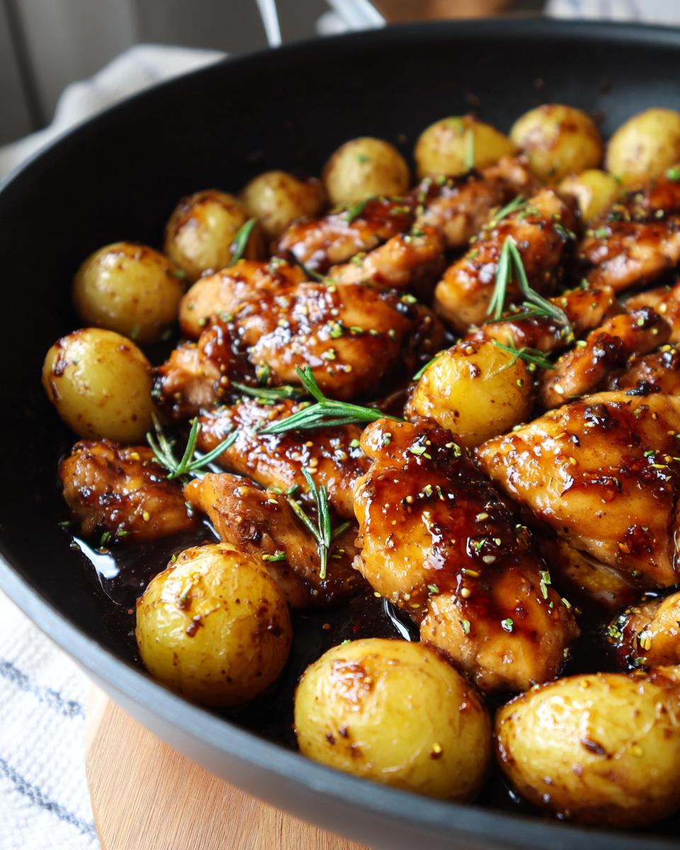 Skillet with honey garlic chicken and golden potatoes garnished with herbs.