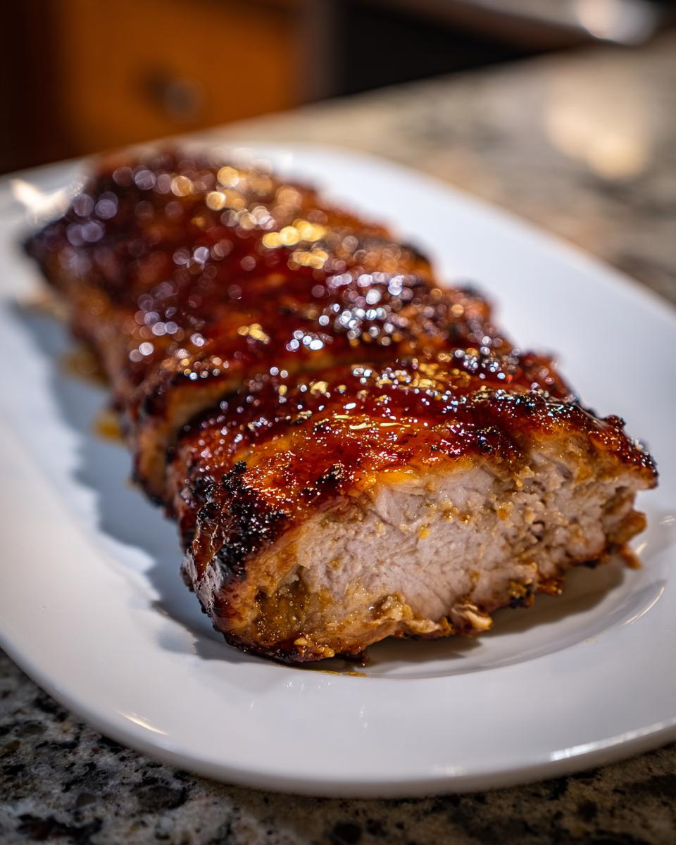 Close-up of honey garlic glazed pork tenderloin with a shiny caramelized crust on a white plate.