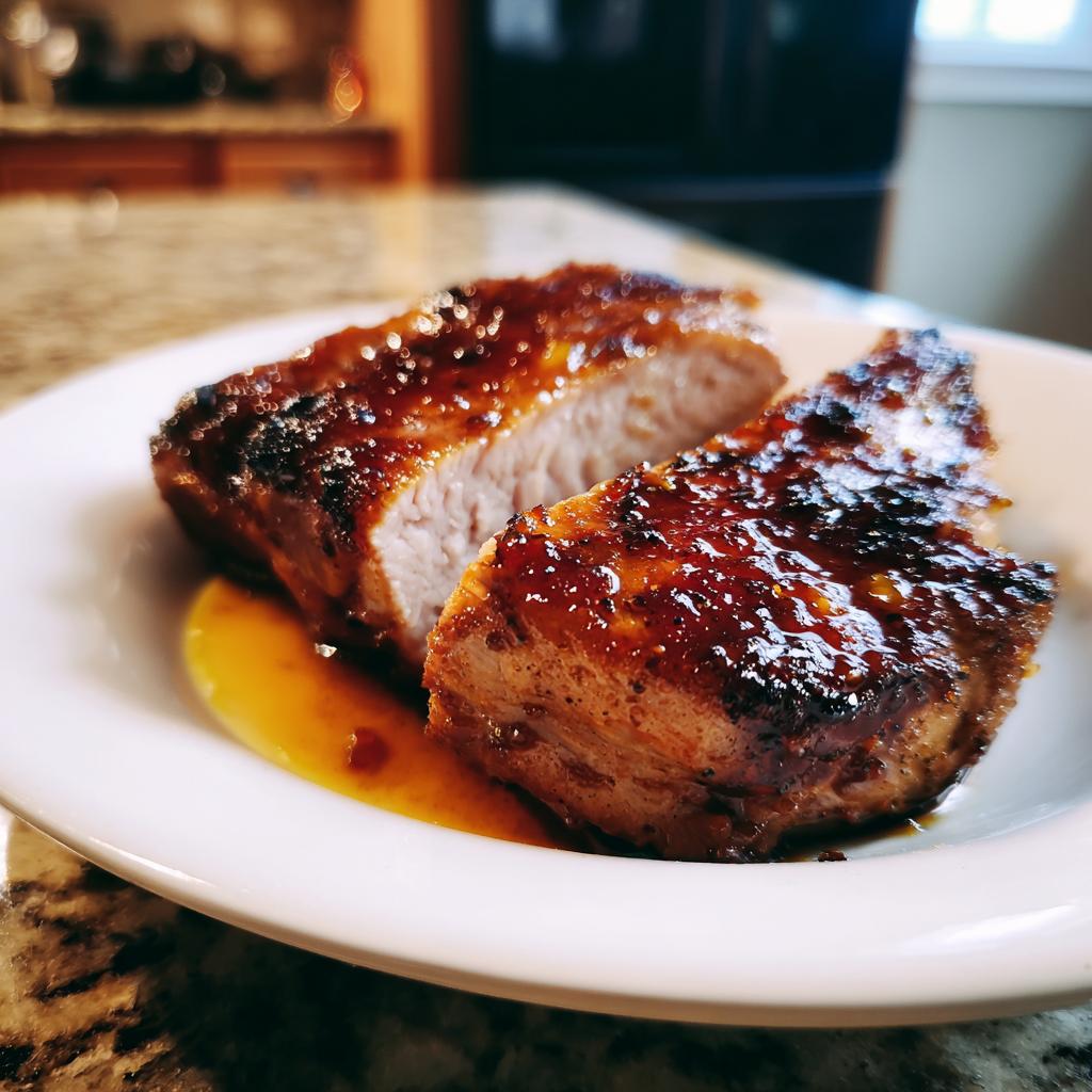 Close-up of honey garlic glazed pork tenderloin sliced on a white plate with sauce.