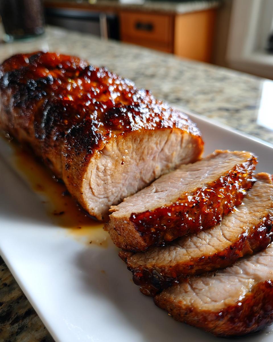 Close-up of juicy honey garlic glazed pork tenderloin sliced on a white plate