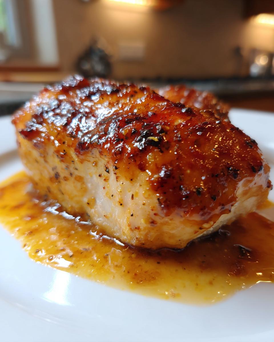 Close-up of a juicy honey mustard baked chicken breast dinner with golden glaze and sauce.
