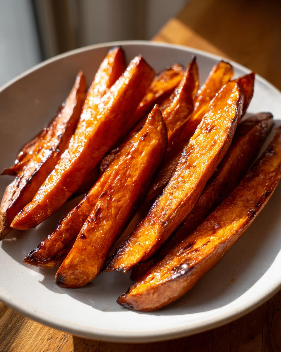 Close-up of honey roasted sweet potato wedges with caramelized edges on a white plate.