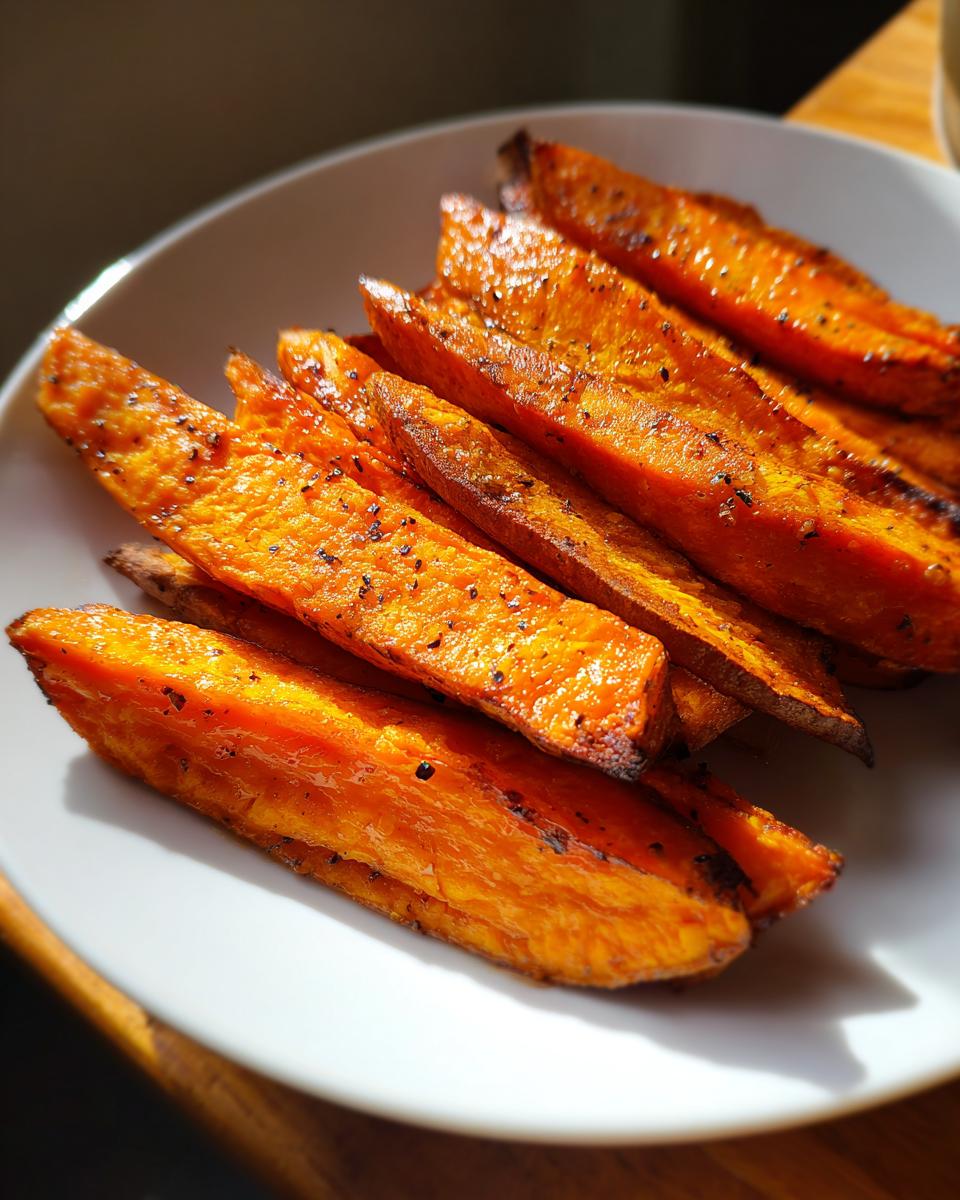 Plate of honey roasted sweet potato wedges seasoned with black pepper