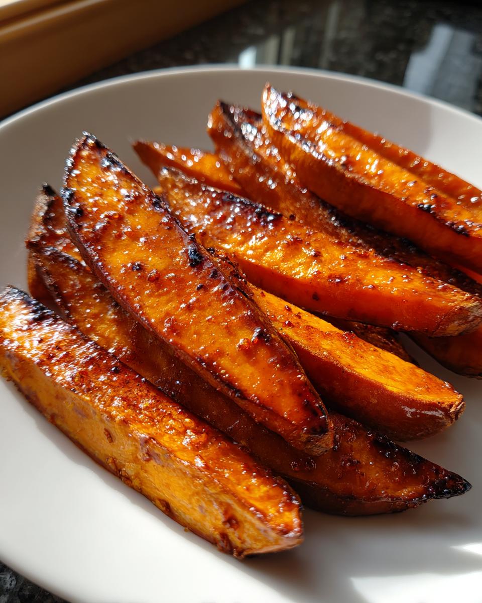 Golden honey roasted sweet potato wedges arranged on a white plate with caramelized edges.