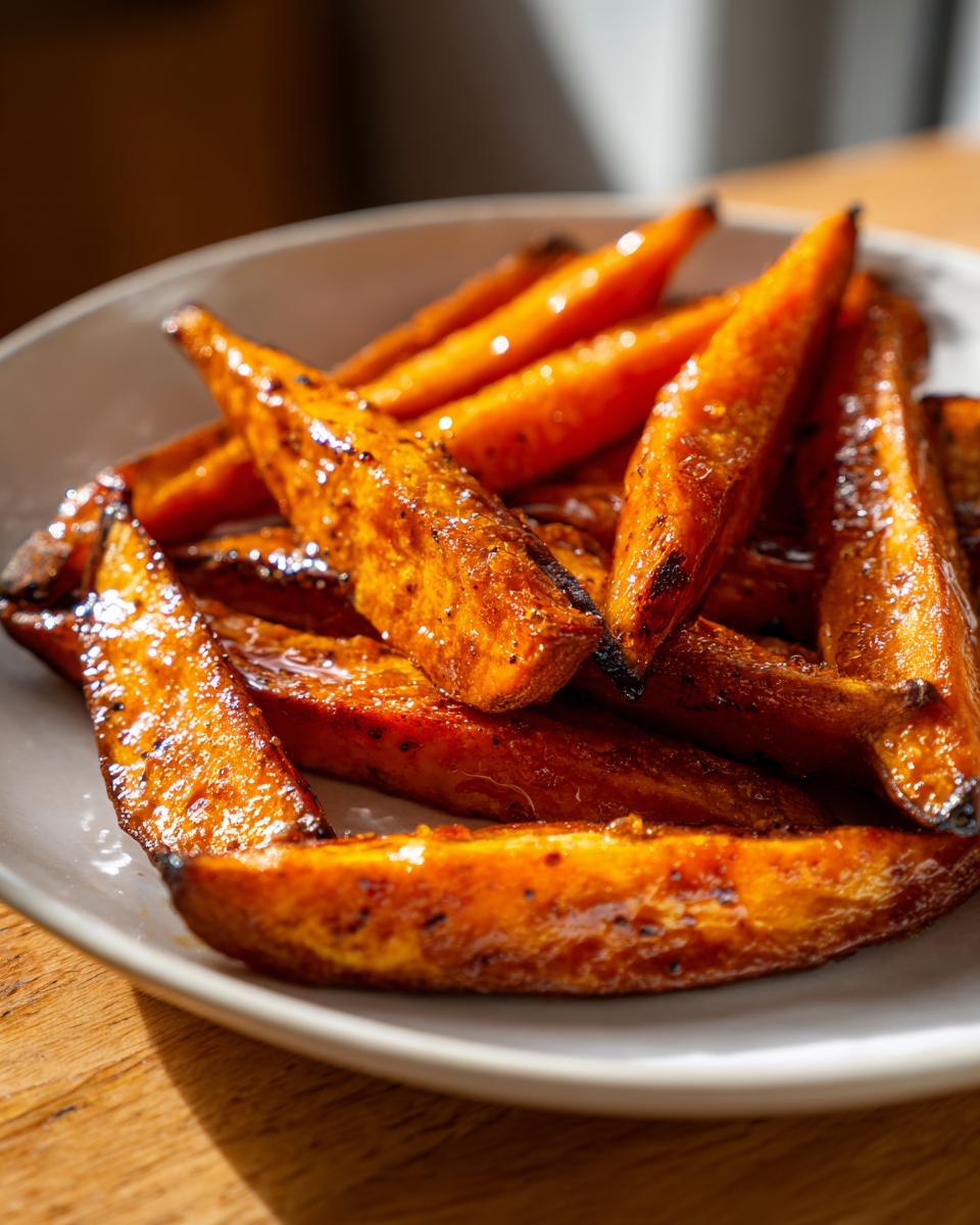 Close-up of honey roasted sweet potato wedges glazed and browned on a white plate.