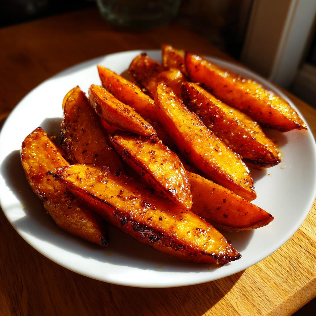 Plate of crispy honey roasted sweet potato wedges with a golden glaze.