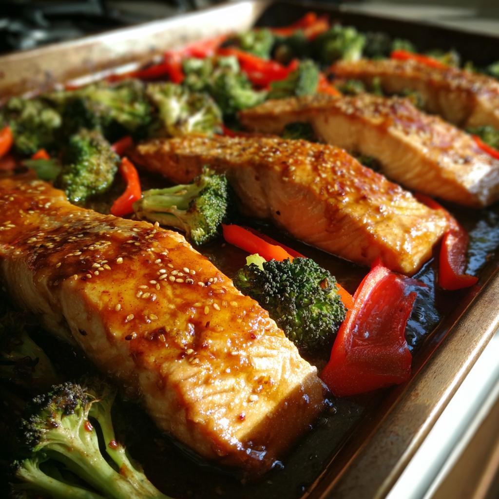 Honey soy glazed salmon fillets with broccoli and red bell peppers on a sheet pan.