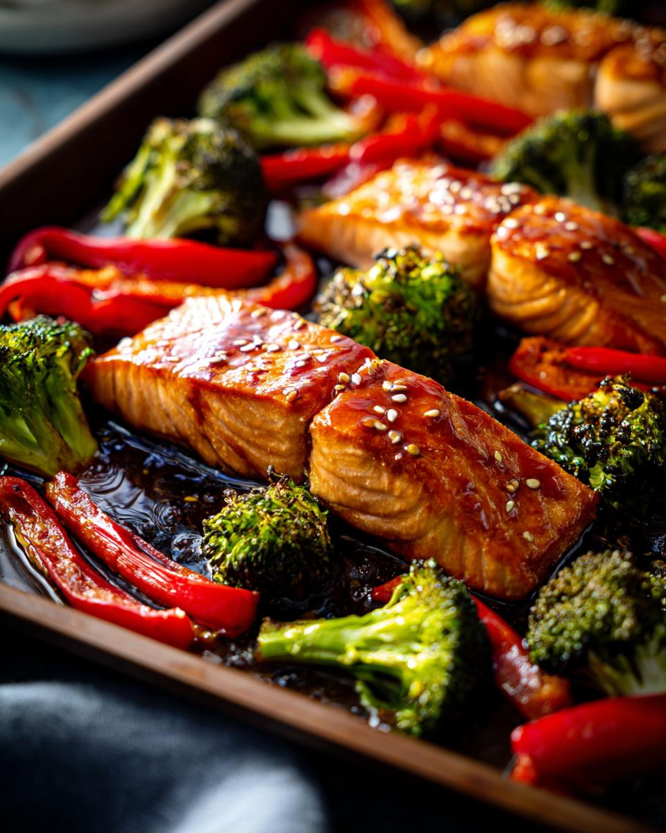 Honey soy glazed salmon fillets with roasted broccoli and red bell peppers on a sheet pan.
