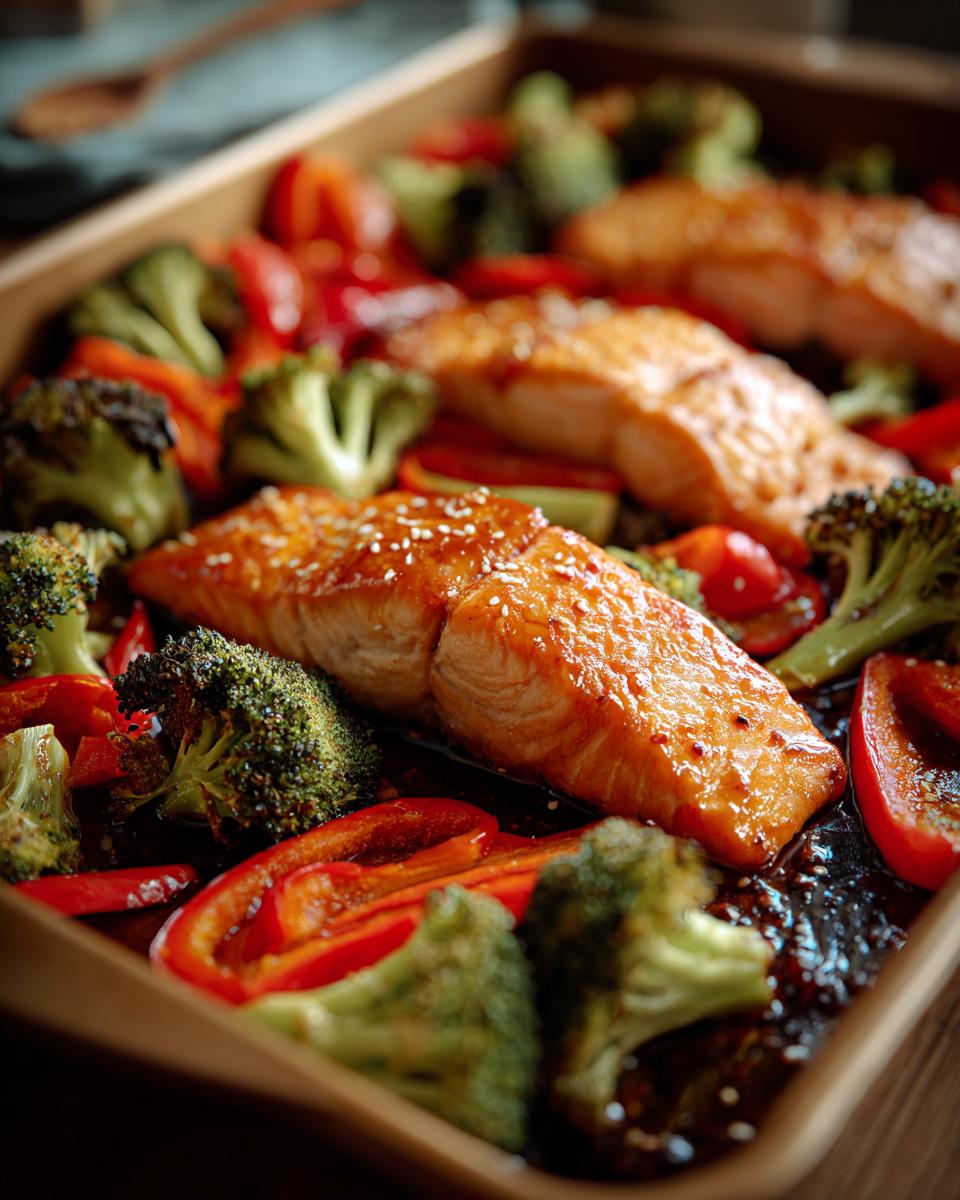 Honey soy glazed salmon sheet pan dinner with broccoli and red bell peppers roasted together.