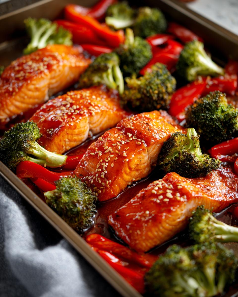 Honey soy glazed salmon sheet pan dinner with roasted broccoli and red bell peppers.