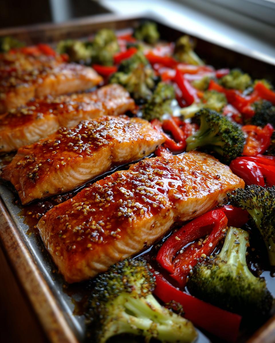 Honey soy glazed salmon fillets on a sheet pan with roasted broccoli and red bell peppers
