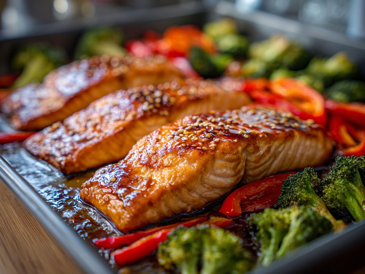 Honey soy glazed salmon sheet pan dinner with broccoli and red bell peppers on baking tray.
