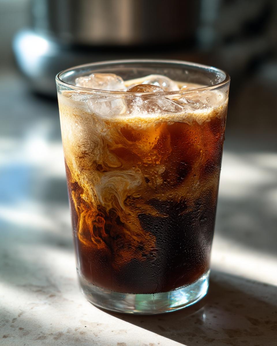 Glass filled with iced brown sugar shaken espresso recipe with creamy swirls and ice cubes.