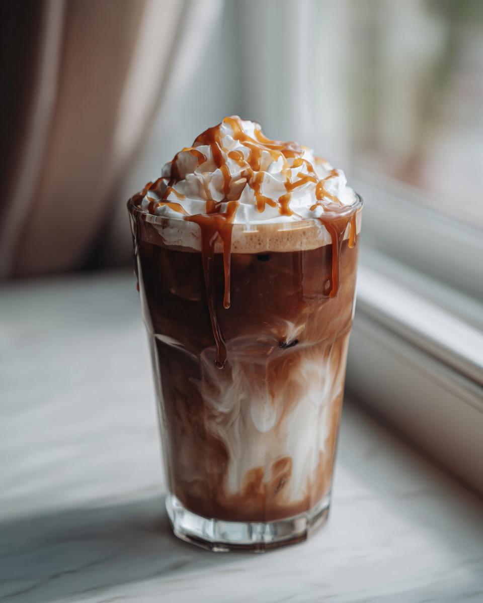 Glass of iced caramel macchiato copycat starbucks with whipped cream and caramel drizzle