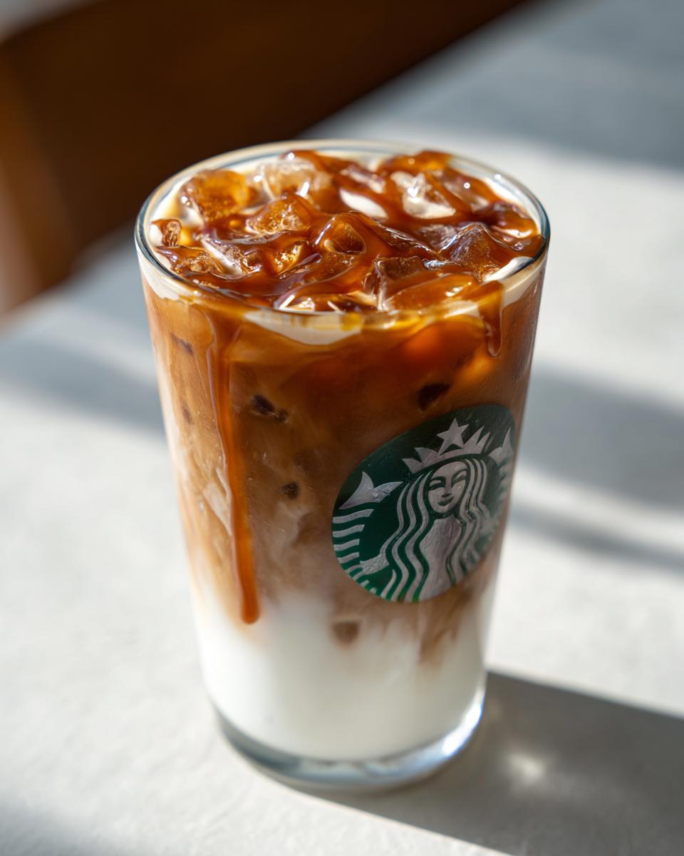 Glass of iced caramel macchiato copycat starbucks with caramel drizzle and ice cubes