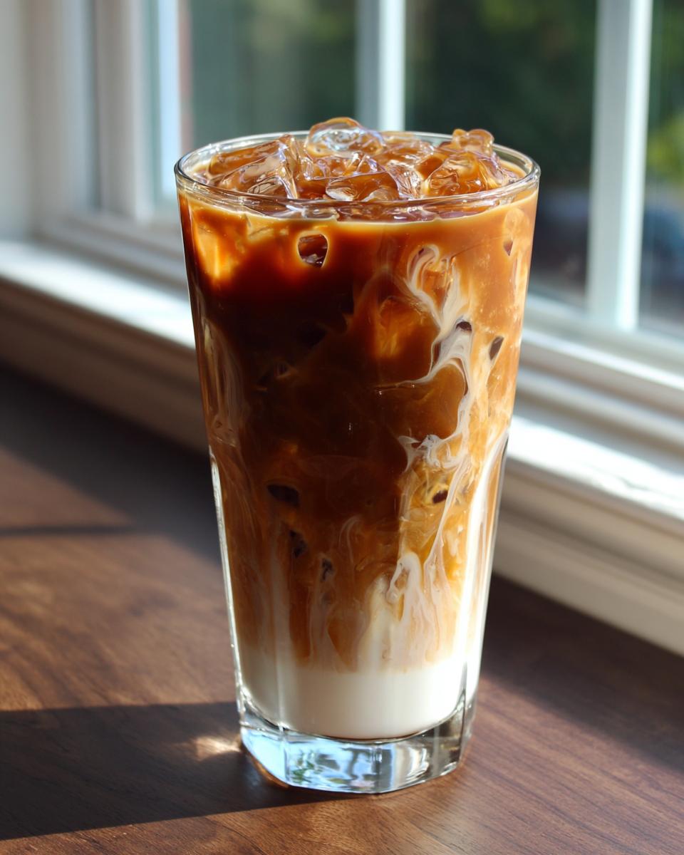 Close-up of an iced caramel macchiato copycat starbucks with milk and coffee layers.