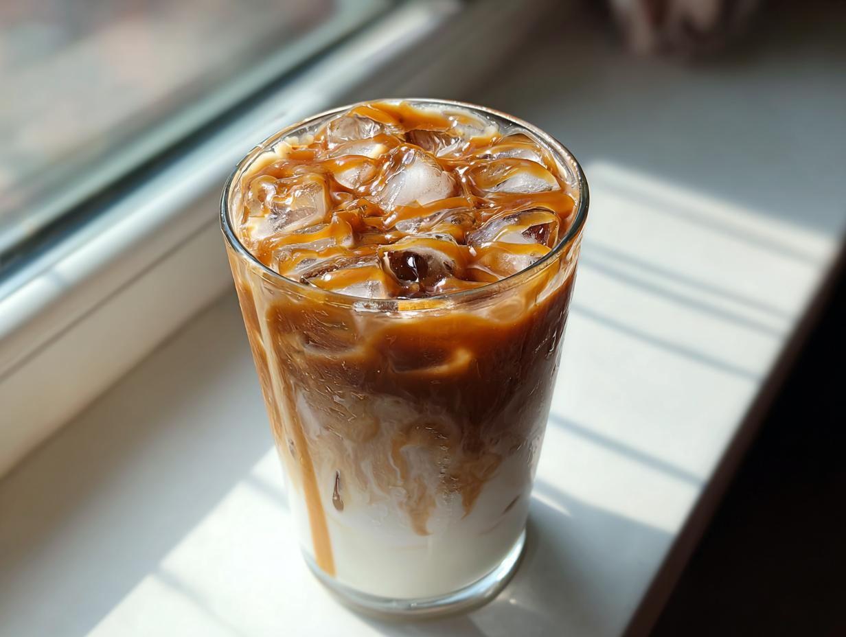 Glass of iced caramel macchiato copycat starbucks with ice and caramel drizzle
