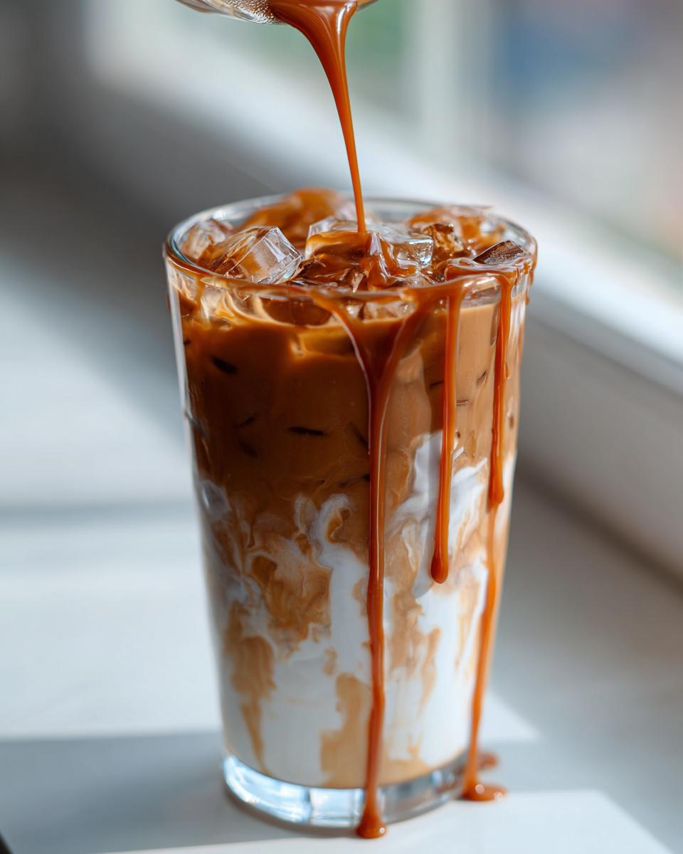 Pouring caramel sauce over iced caramel macchiato copycat starbucks with ice and milk in glass