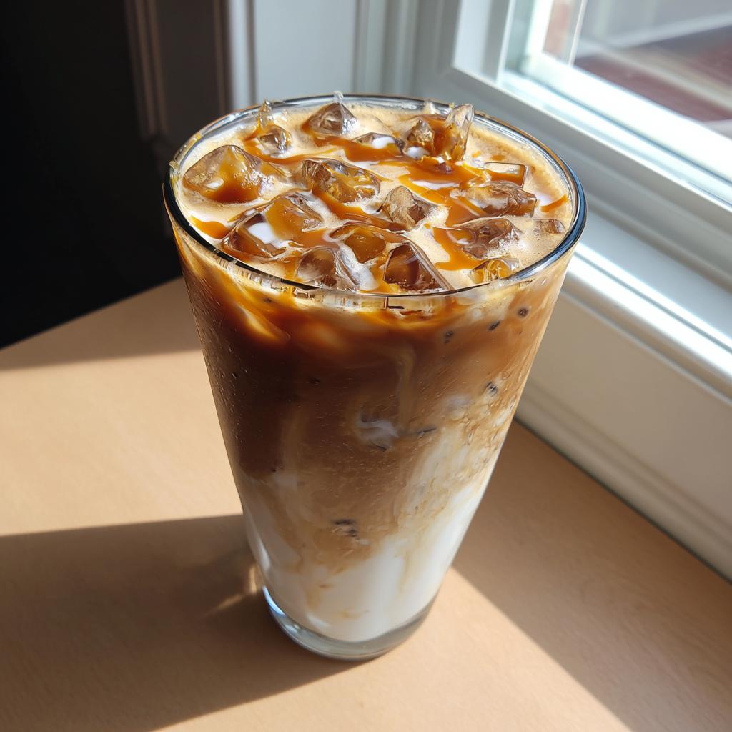 Tall glass of iced caramel macchiato copycat starbucks with ice and caramel drizzles.
