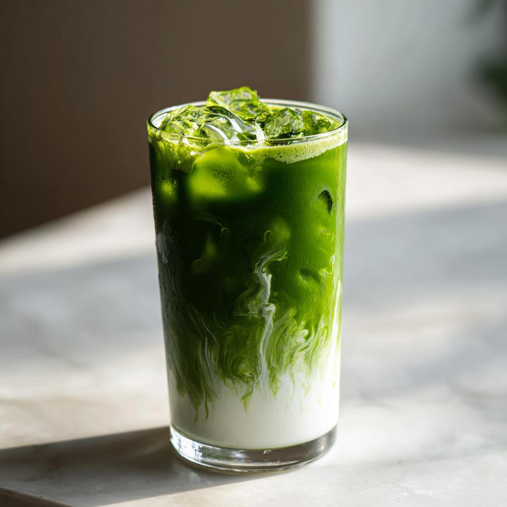 Glass of iced matcha latte with vanilla sweet cream swirling in the milk and ice cubes on top