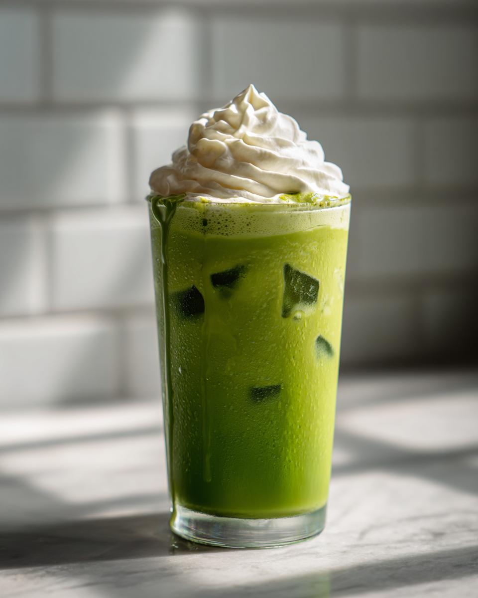 Glass of iced matcha latte with vanilla sweet cream topped with whipped cream on a marble surface