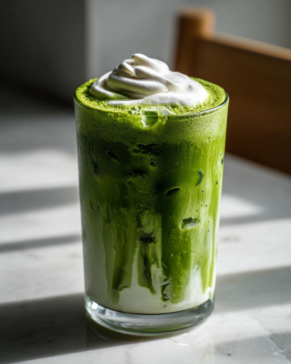 Tall glass of iced matcha latte with vanilla sweet cream topped with whipped cream