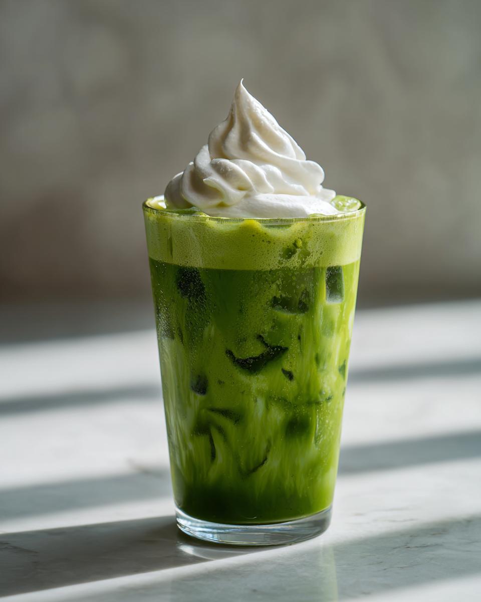 Glass of iced matcha latte with vanilla sweet cream topping on marble surface.