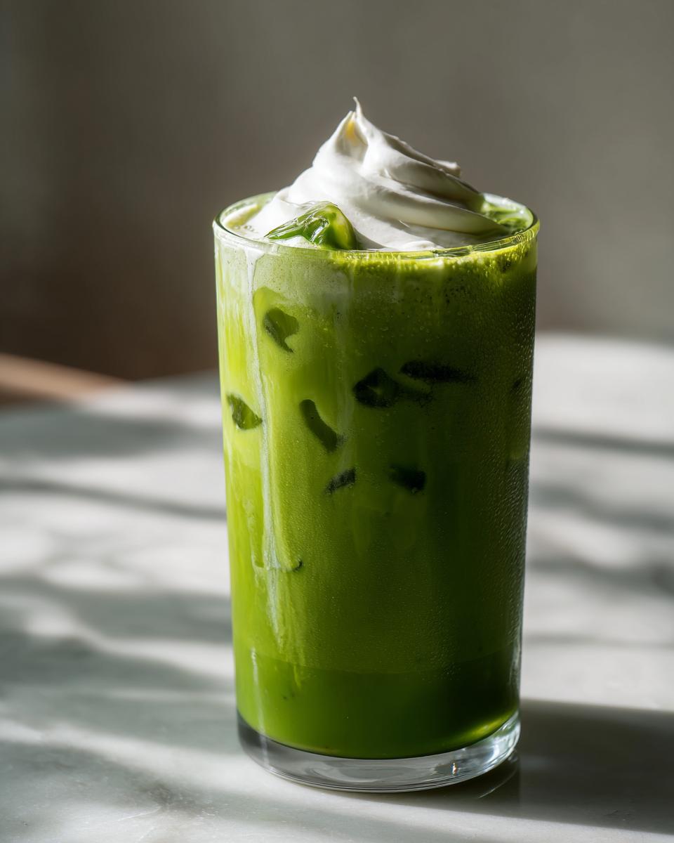 Glass of iced matcha latte with vanilla sweet cream on top, condensation on glass.