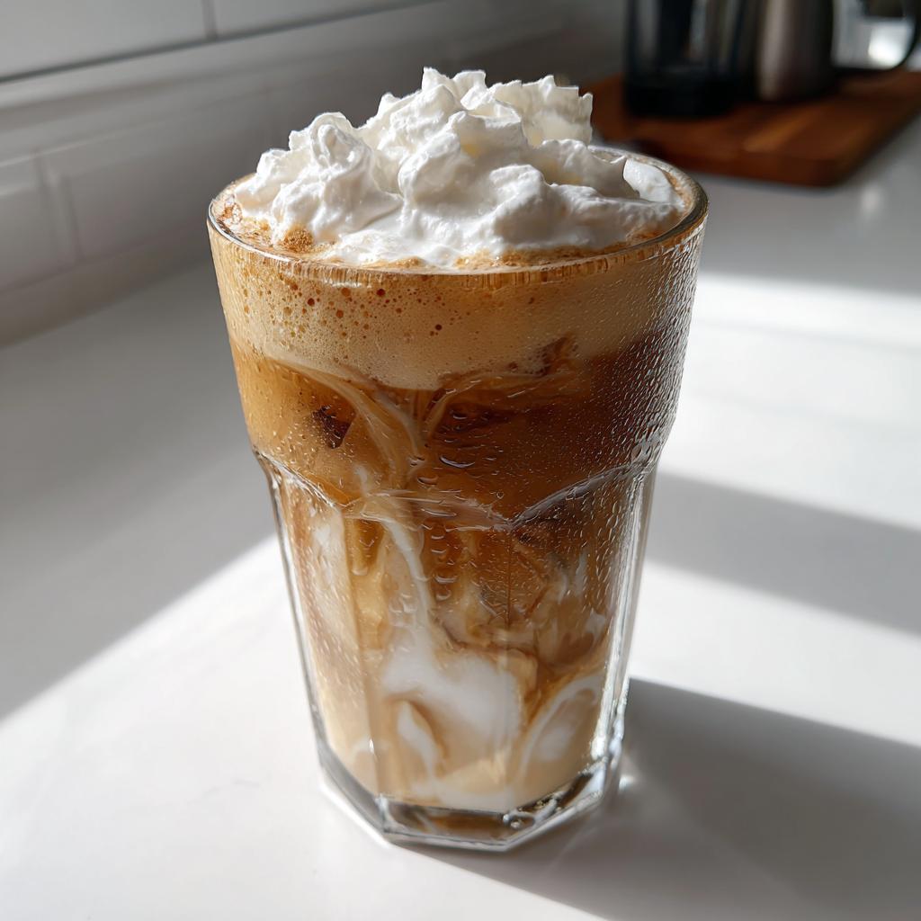 Glass of iced white mocha starbucks copycat with whipped cream on top and swirls of milk
