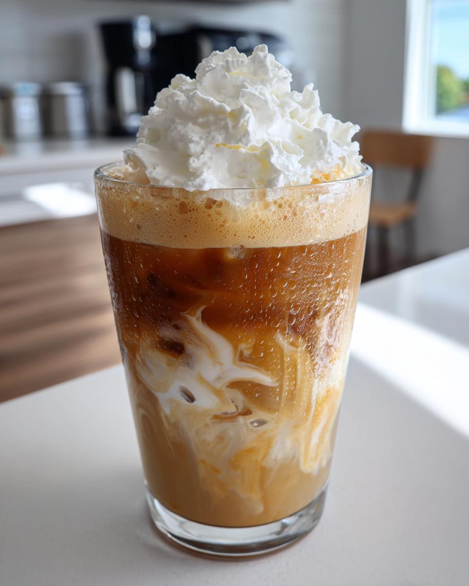 Glass of iced white mocha Starbucks copycat topped with whipped cream on a white table