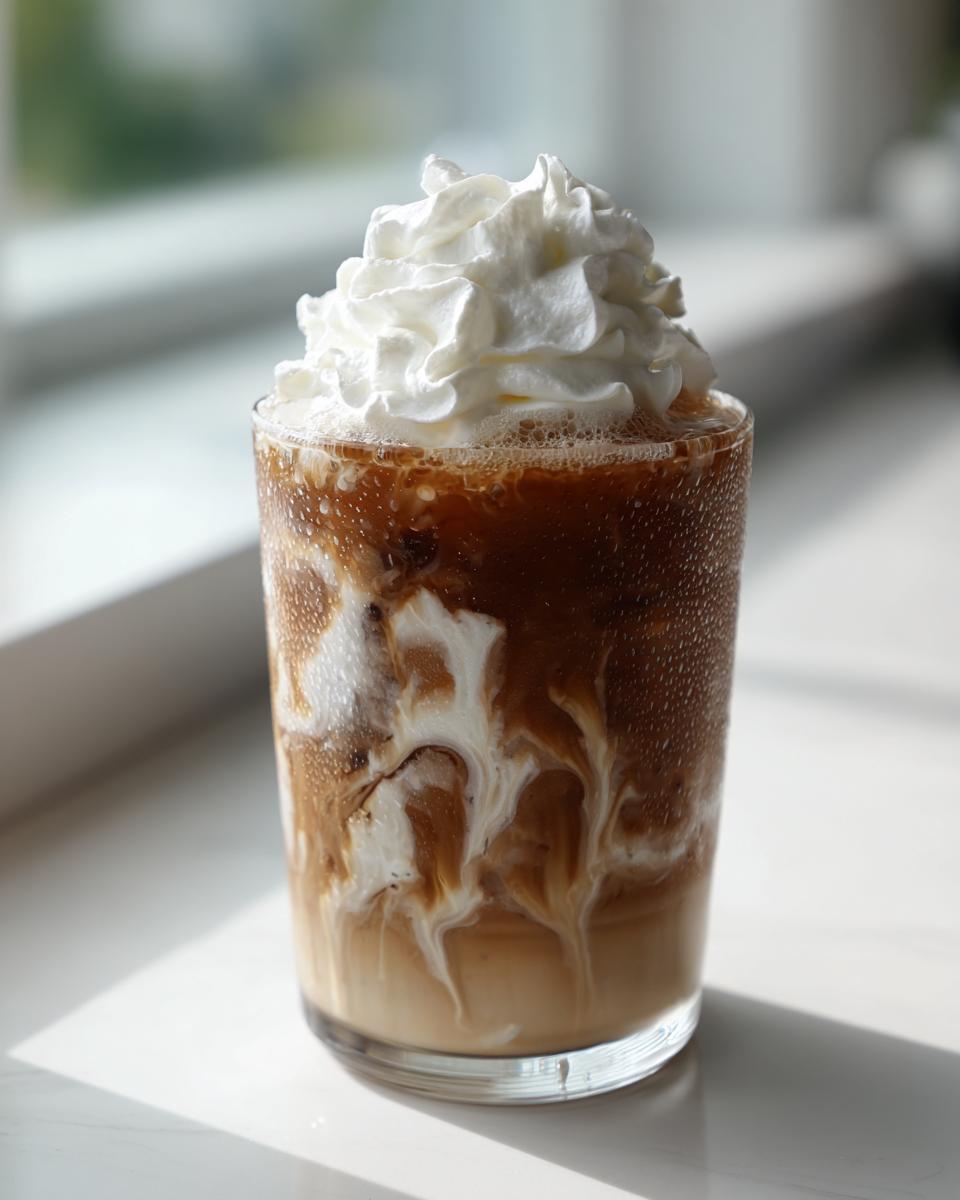 Glass of iced white mocha starbucks copycat topped with whipped cream by the window.