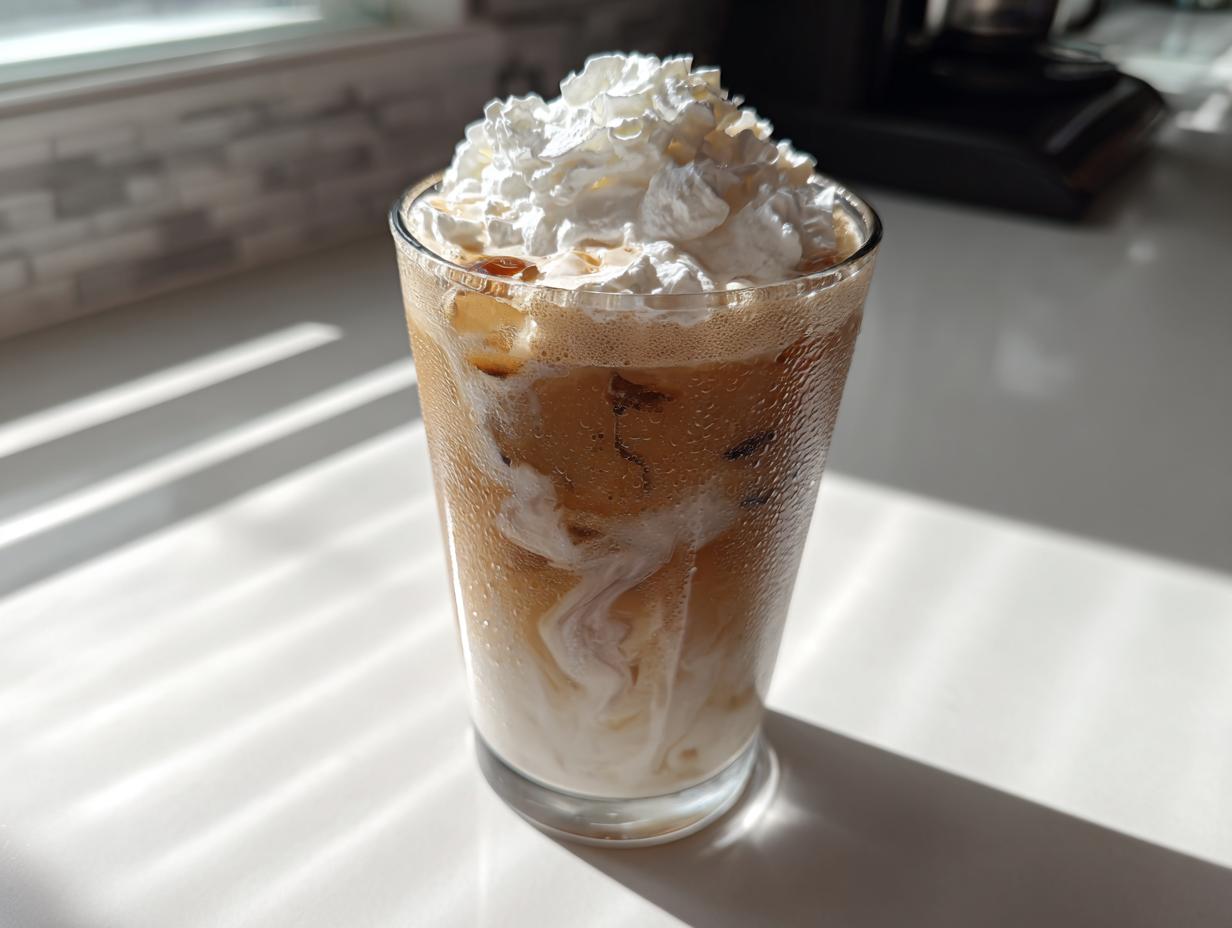 Glass of iced white mocha starbucks copycat topped with whipped cream on a white surface