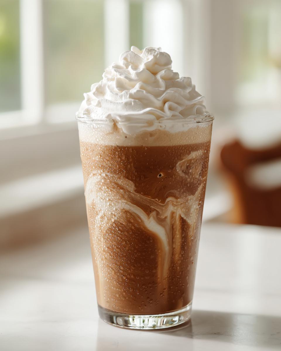 Glass of iced white mocha starbucks copycat topped with whipped cream on a marble surface.