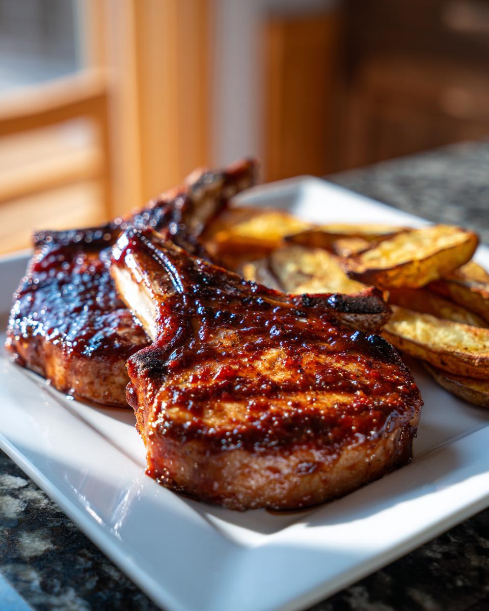 Close-up of two baked barbecue pork chops with crispy potato wedges on a white plate.