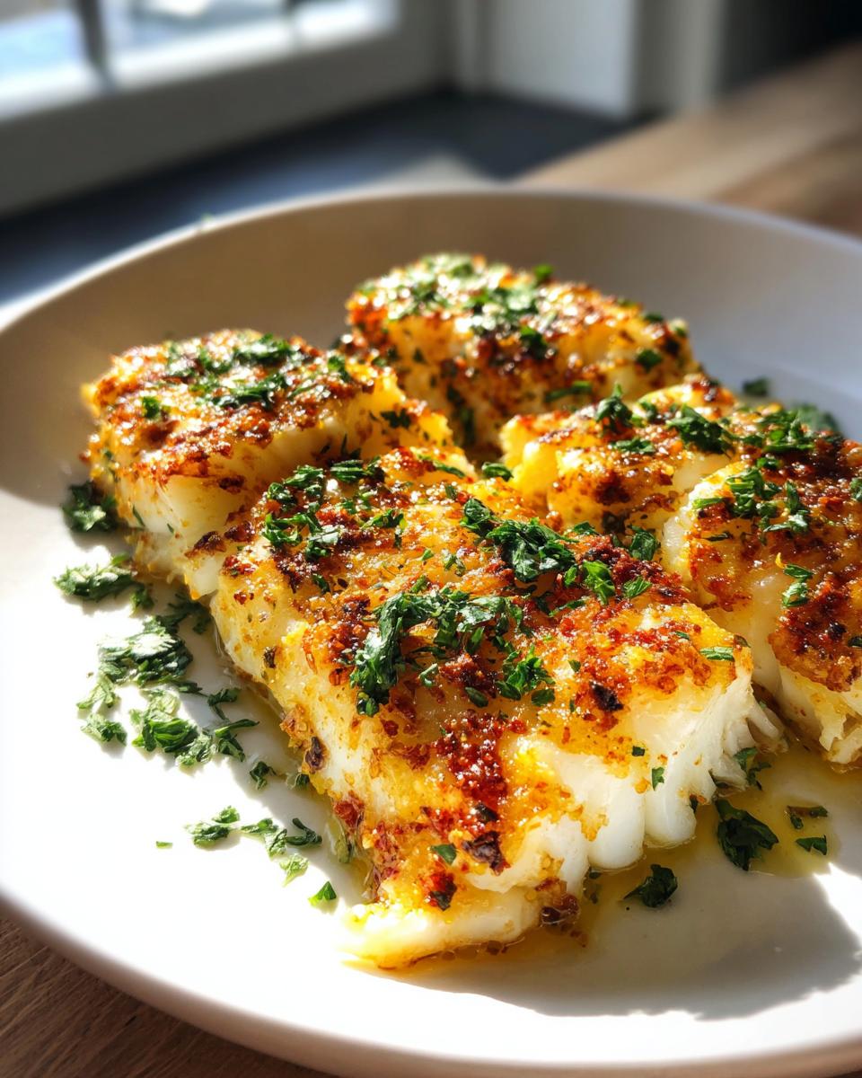 Four pieces of juicy baked cod with golden crust and fresh herbs on a white plate