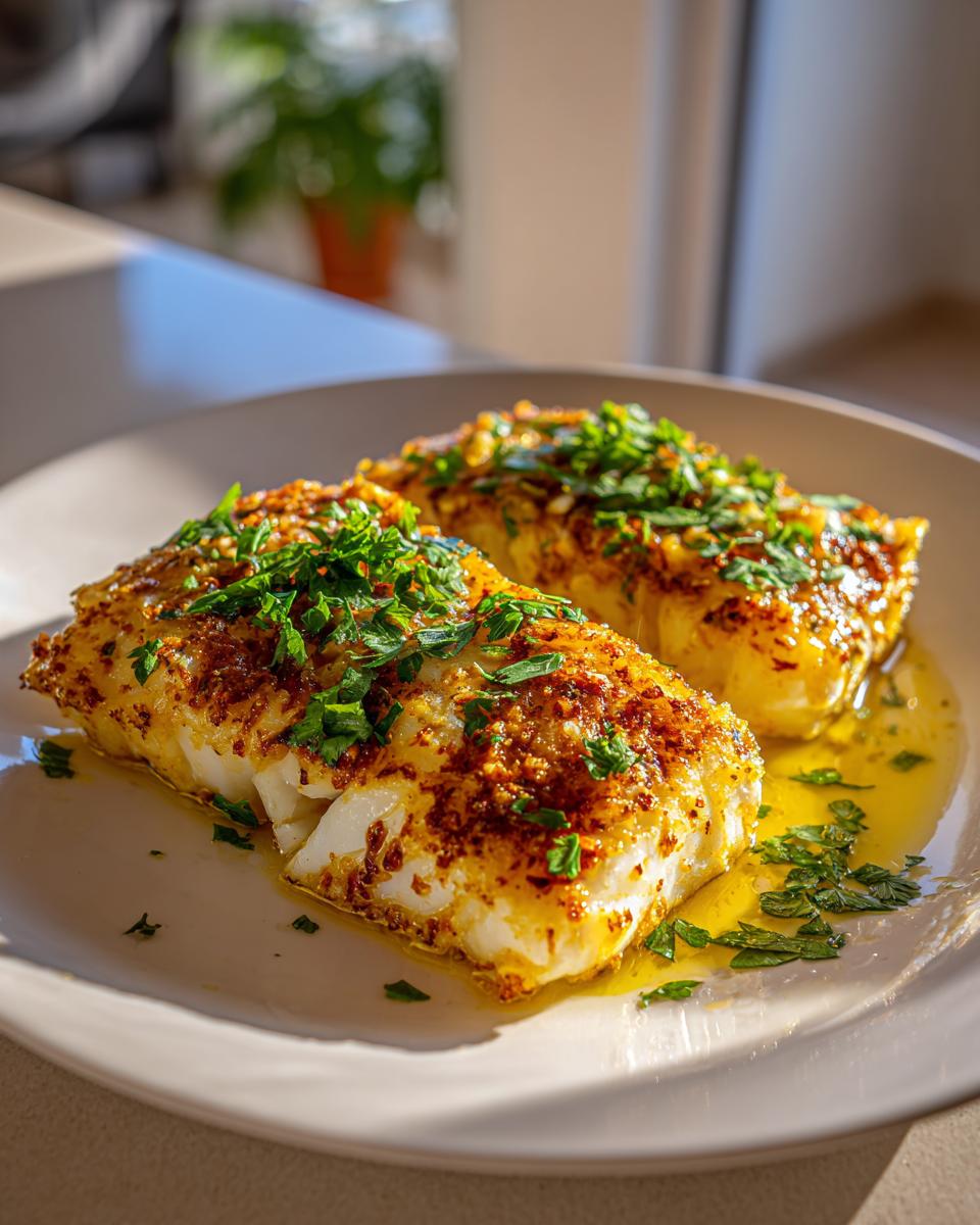 Two pieces of baked cod garnished with chopped fresh herbs on a white plate