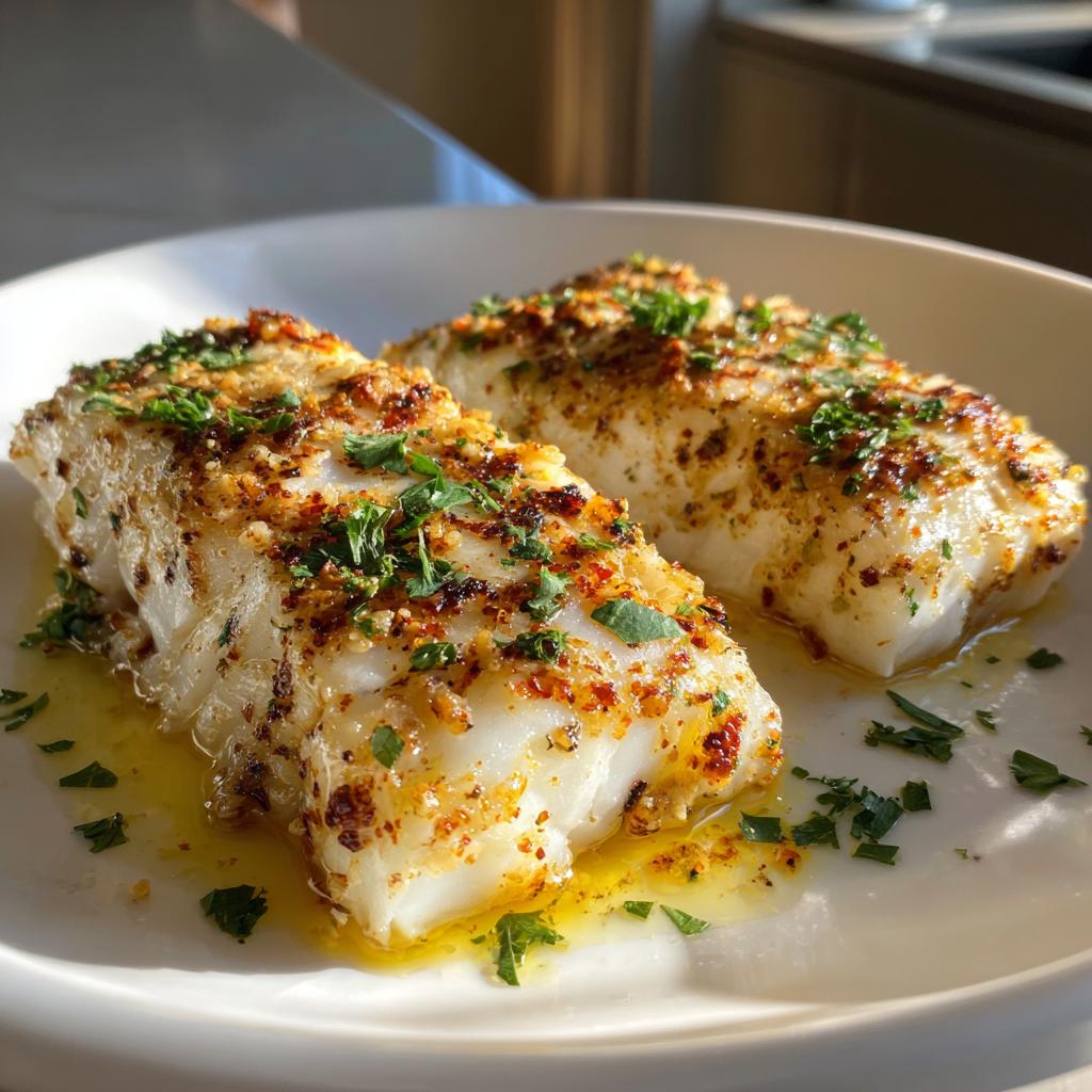 Close-up of juicy baked cod seasoned with herbs and spices on a white plate.
