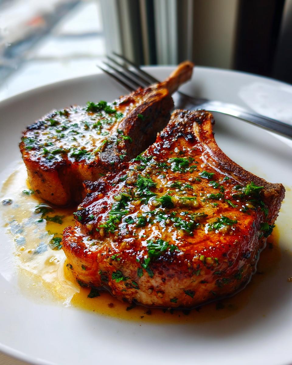 Two juicy garlic butter pork chops in skillet served on a white plate garnished with herbs