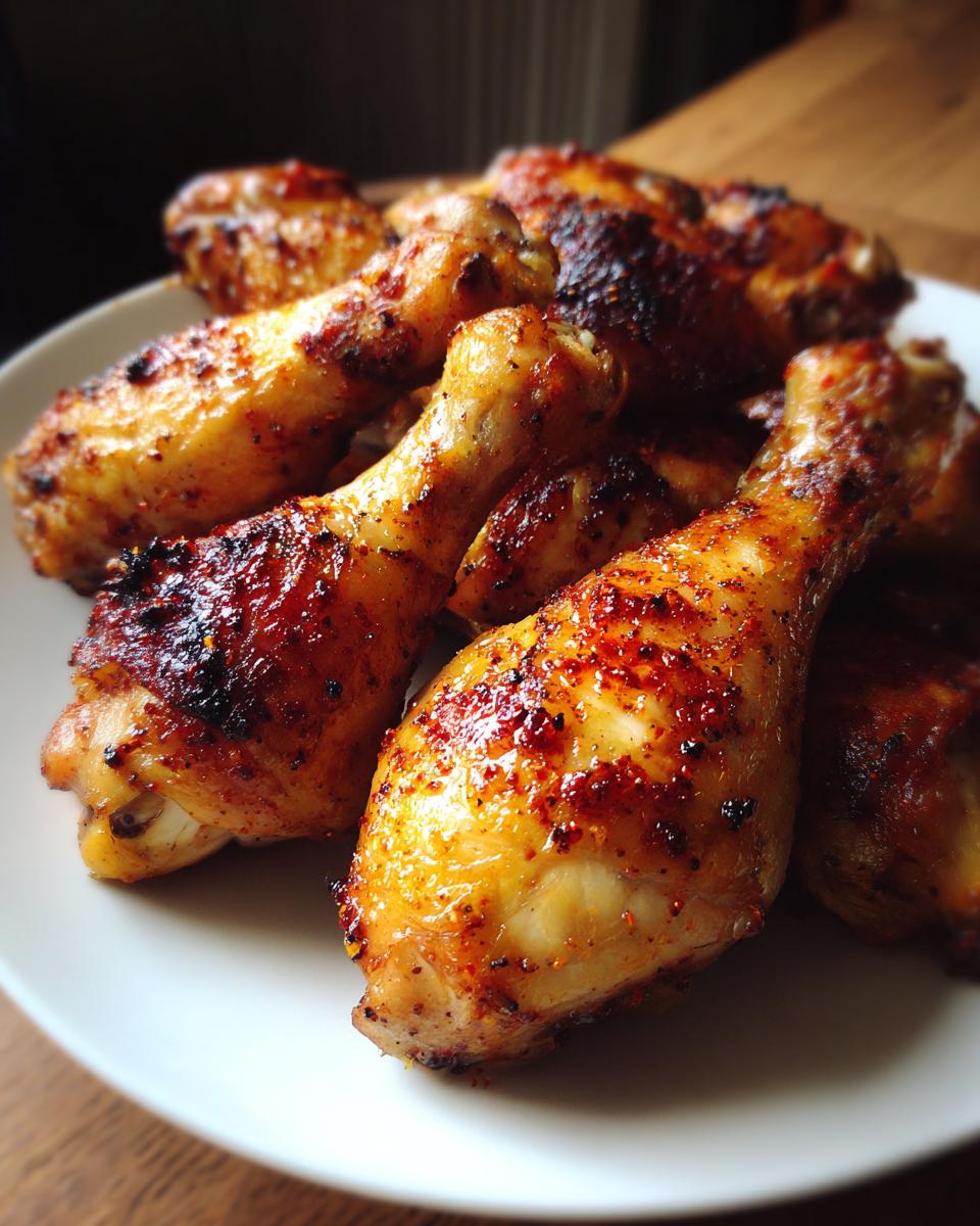 Close-up of a plate filled with golden brown roasted chicken drumsticks seasoned with spices.
