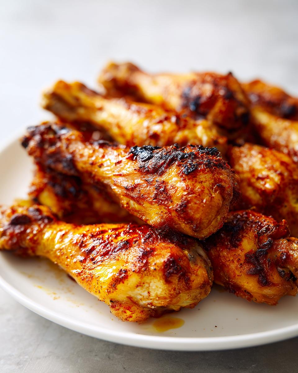Plate of golden brown roasted chicken drumsticks with crispy skin and seasoning.