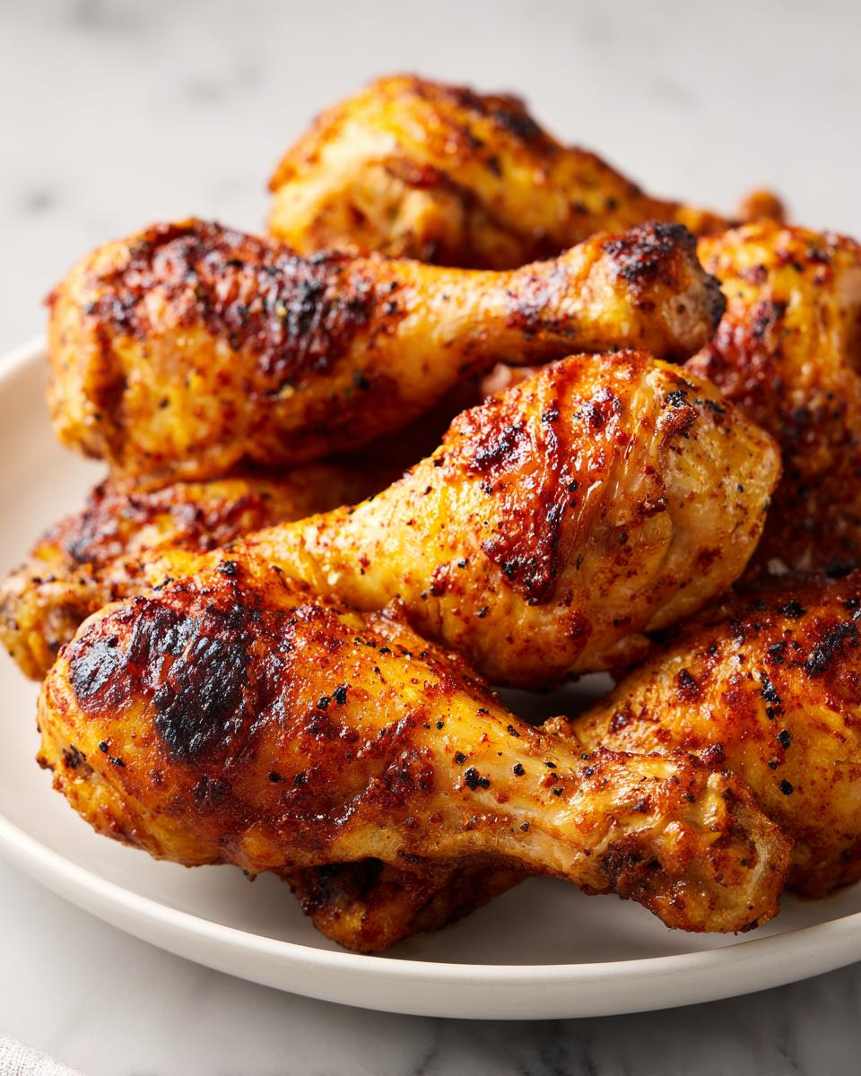 Close-up of golden brown roasted chicken drumsticks seasoned and cooked to perfection.