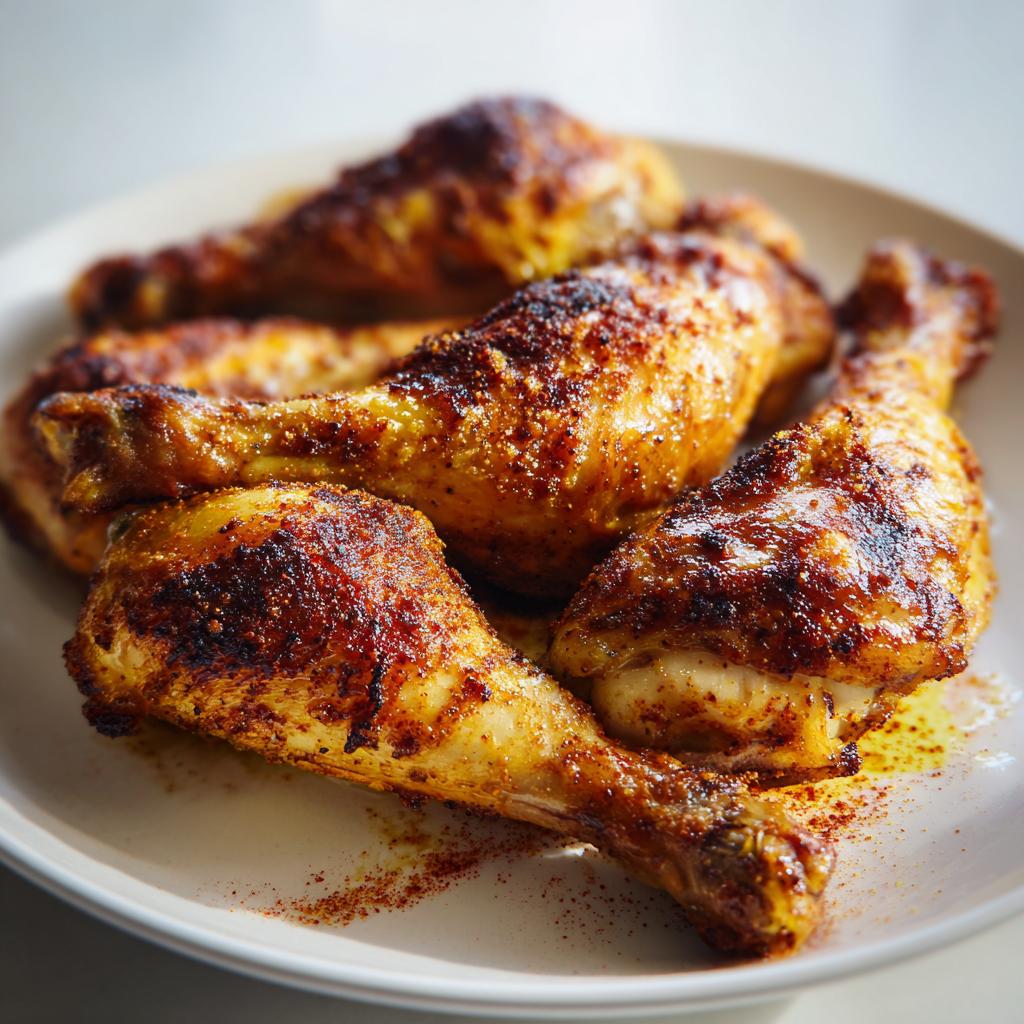 Close-up of juicy roasted chicken drumsticks with crispy seasoned skin on a white plate.